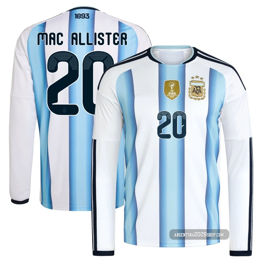 Men's Argentina National Team Alexis Mac Allister ＃20 White Replica FIFA X World Cup 2026 Home Long Sleeve Soccer Jersey