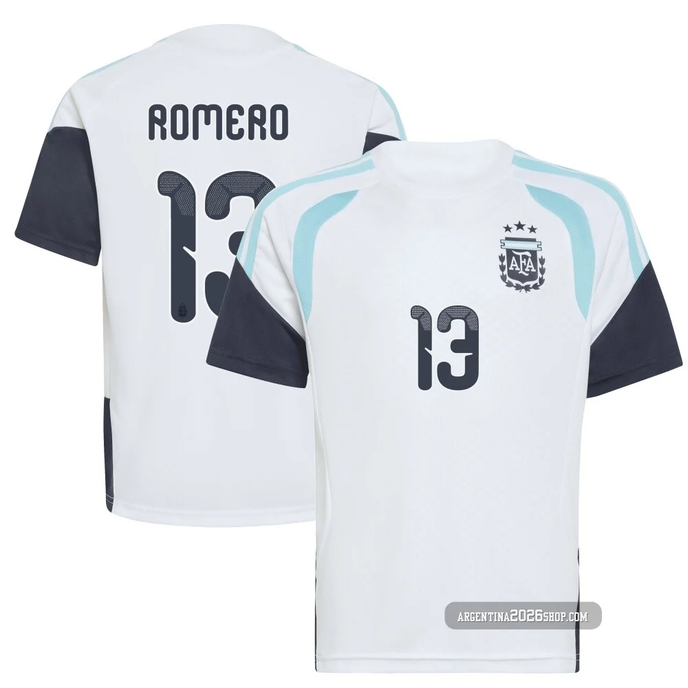Men's Argentina National Team Cristian Romero ＃13 White Replica FIFA X World Cup 2026 Tiro Away Training Soccer Jersey