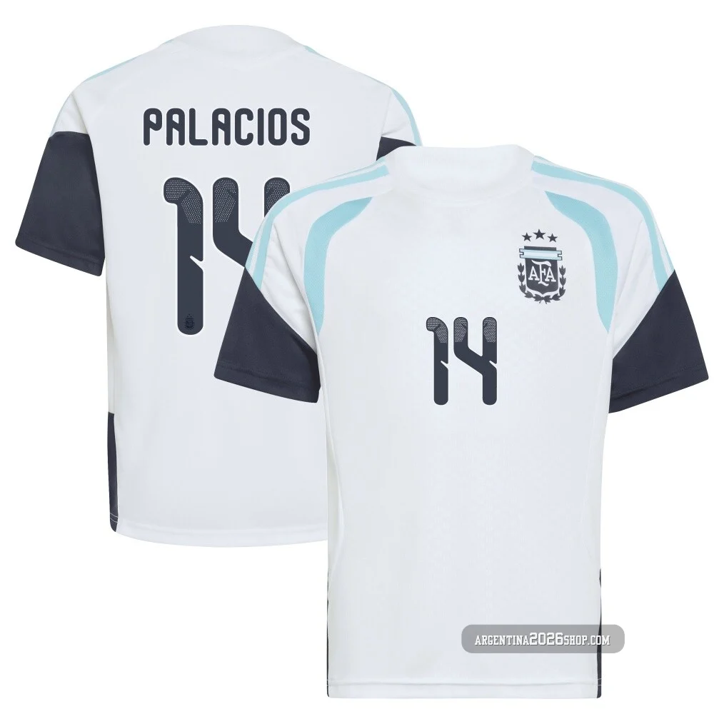 Men's Argentina National Team Exequiel Palacios ＃14 White Replica FIFA X World Cup 2026 Tiro Away Training Soccer Jersey