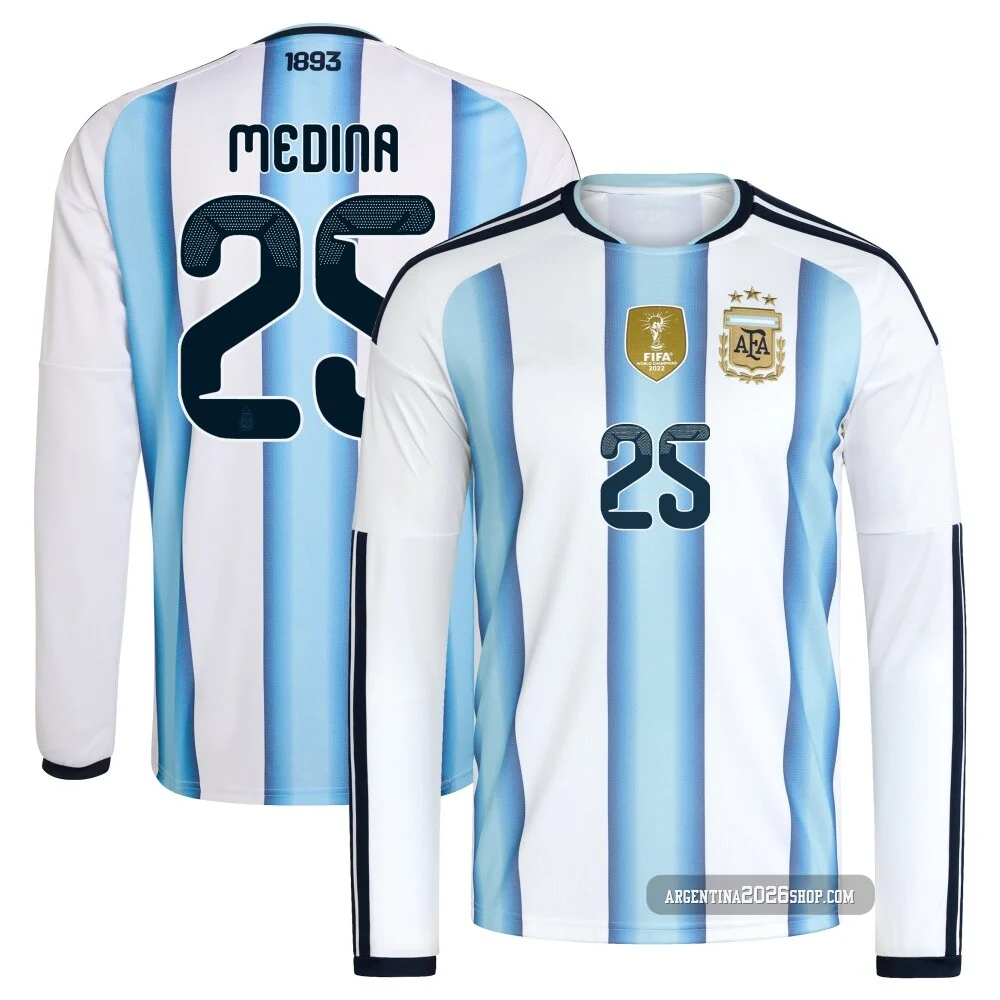 Men's Argentina National Team Facundo Medina ＃25 White Replica FIFA X World Cup 2026 Home Long Sleeve Soccer Jersey
