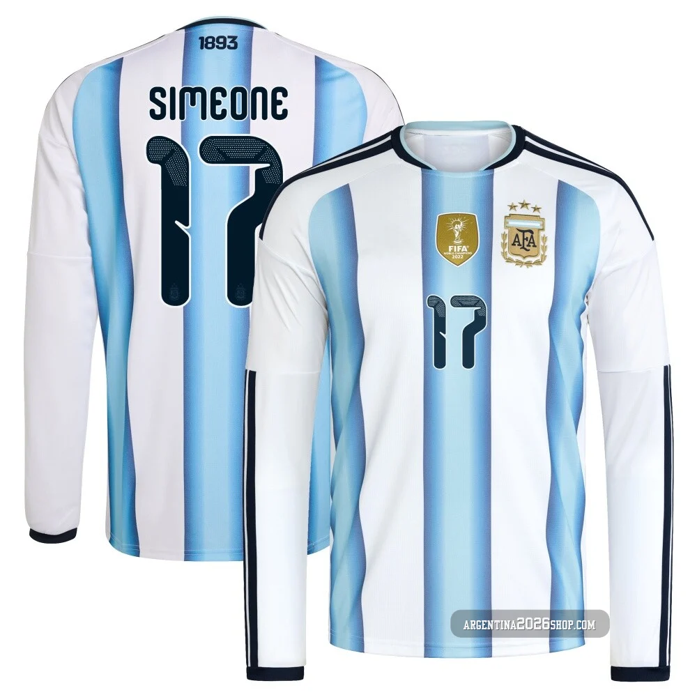 Men's Argentina National Team Giuliano Simeone ＃17 White Replica FIFA X World Cup 2026 Home Long Sleeve Soccer Jersey