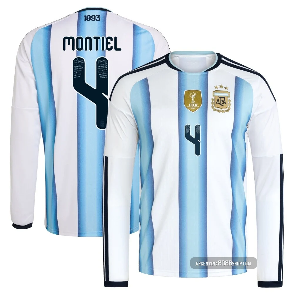 Men's Argentina National Team Gonzalo Montiel ＃4 White Replica FIFA X World Cup 2026 Home Long Sleeve Soccer Jersey