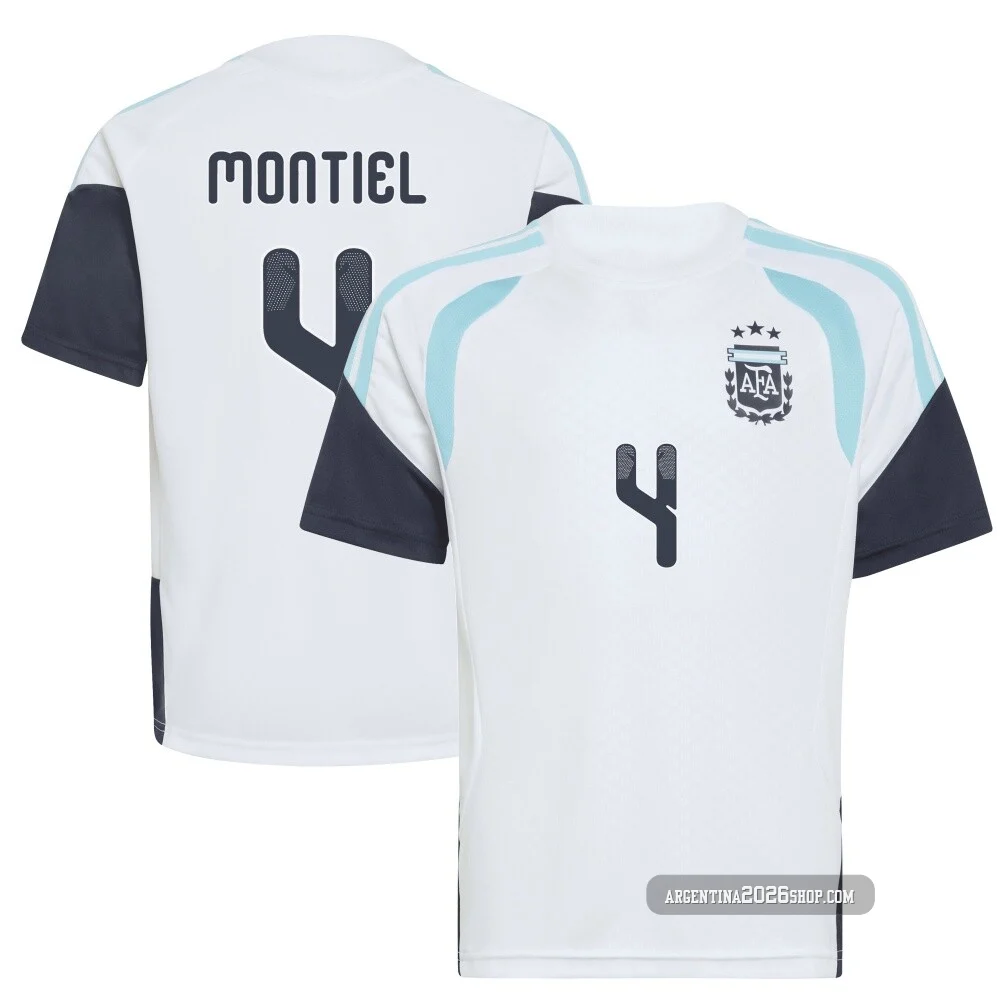 Men's Argentina National Team Gonzalo Montiel ＃4 White Replica FIFA X World Cup 2026 Tiro Away Training Soccer Jersey