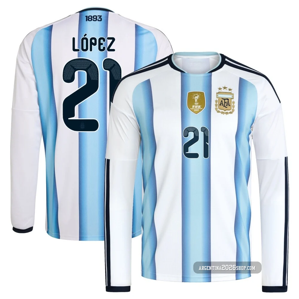 Men's Argentina National Team José Manuel López ＃21 White Replica FIFA X World Cup 2026 Home Long Sleeve Soccer Jersey