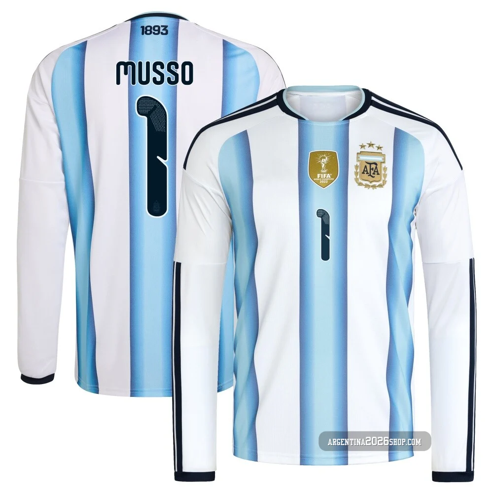Men's Argentina National Team Juan Musso ＃1 White Replica FIFA X World Cup 2026 Home Long Sleeve Soccer Jersey