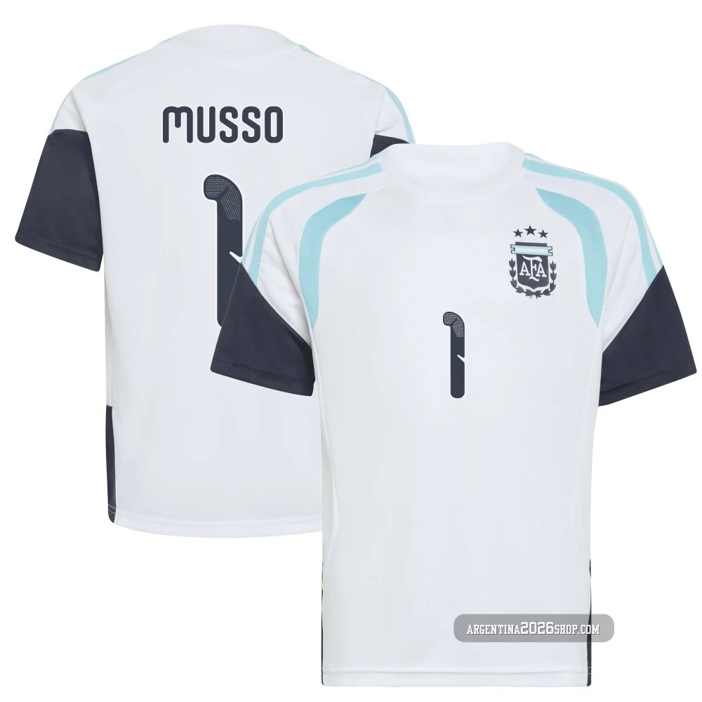 Men's Argentina National Team Juan Musso ＃1 White Replica FIFA X World Cup 2026 Tiro Away Training Soccer Jersey