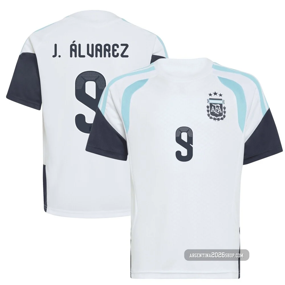 Men's Argentina National Team Julián Álvarez ＃9 White Replica FIFA X World Cup 2026 Tiro Away Training Soccer Jersey