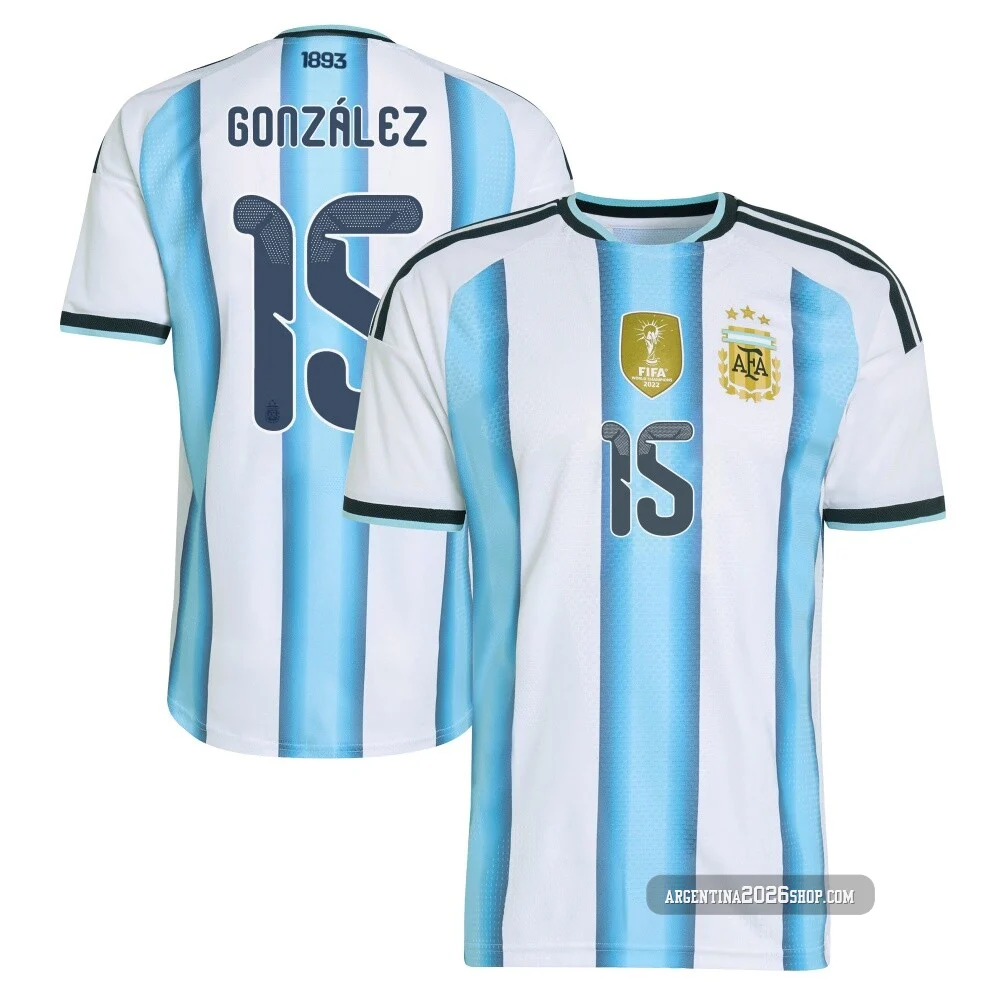 Men's Argentina National Team Nico González ＃15 White Authentic FIFA X World Cup 2026 Home On Field Soccer Jersey