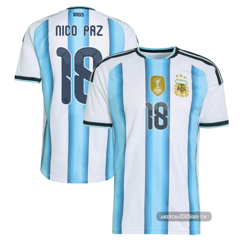 Men's Argentina National Team Nico Paz ＃18 White Authentic FIFA X World Cup 2026 Home On Field Soccer Jersey