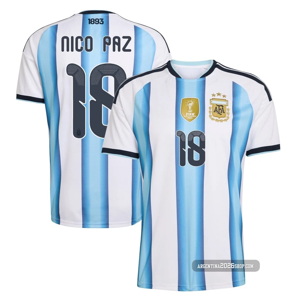 Men's Argentina National Team Nico Paz ＃18 White Replica FIFA X World Cup 2026 Home Soccer Jersey