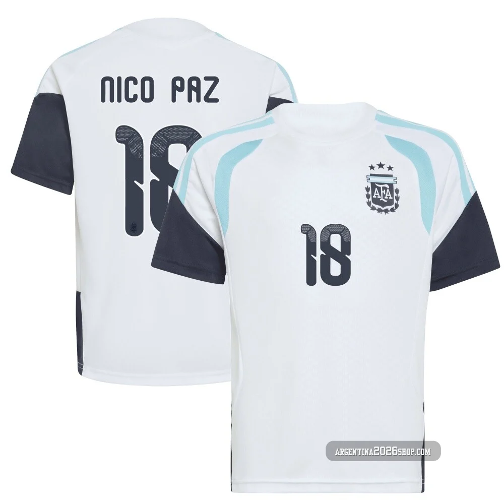 Men's Argentina National Team Nico Paz ＃18 White Replica FIFA X World Cup 2026 Tiro Away Training Soccer Jersey