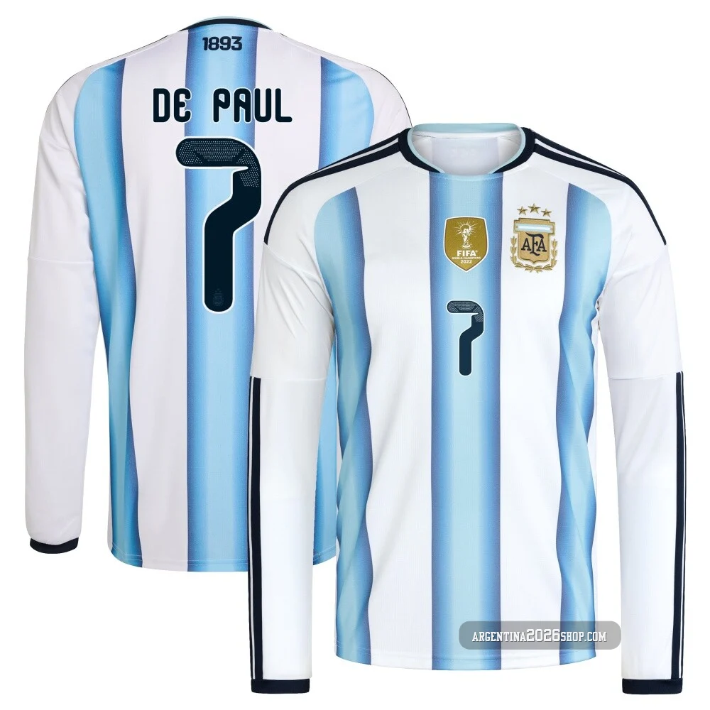 Men's Argentina National Team Rodrigo De Paul ＃7 White Replica FIFA X World Cup 2026 Home Long Sleeve Soccer Jersey