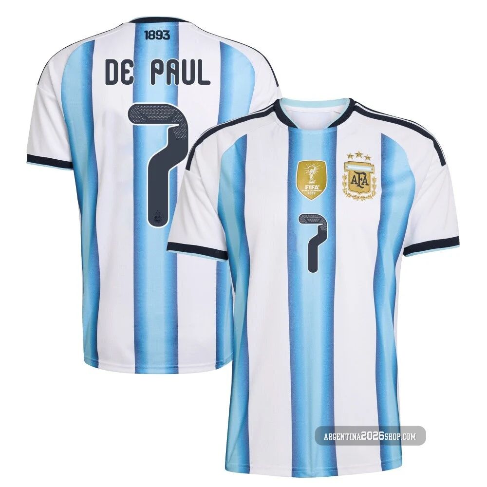 Men's Argentina National Team Rodrigo De Paul ＃7 White Replica FIFA X World Cup 2026 Home Soccer Jersey