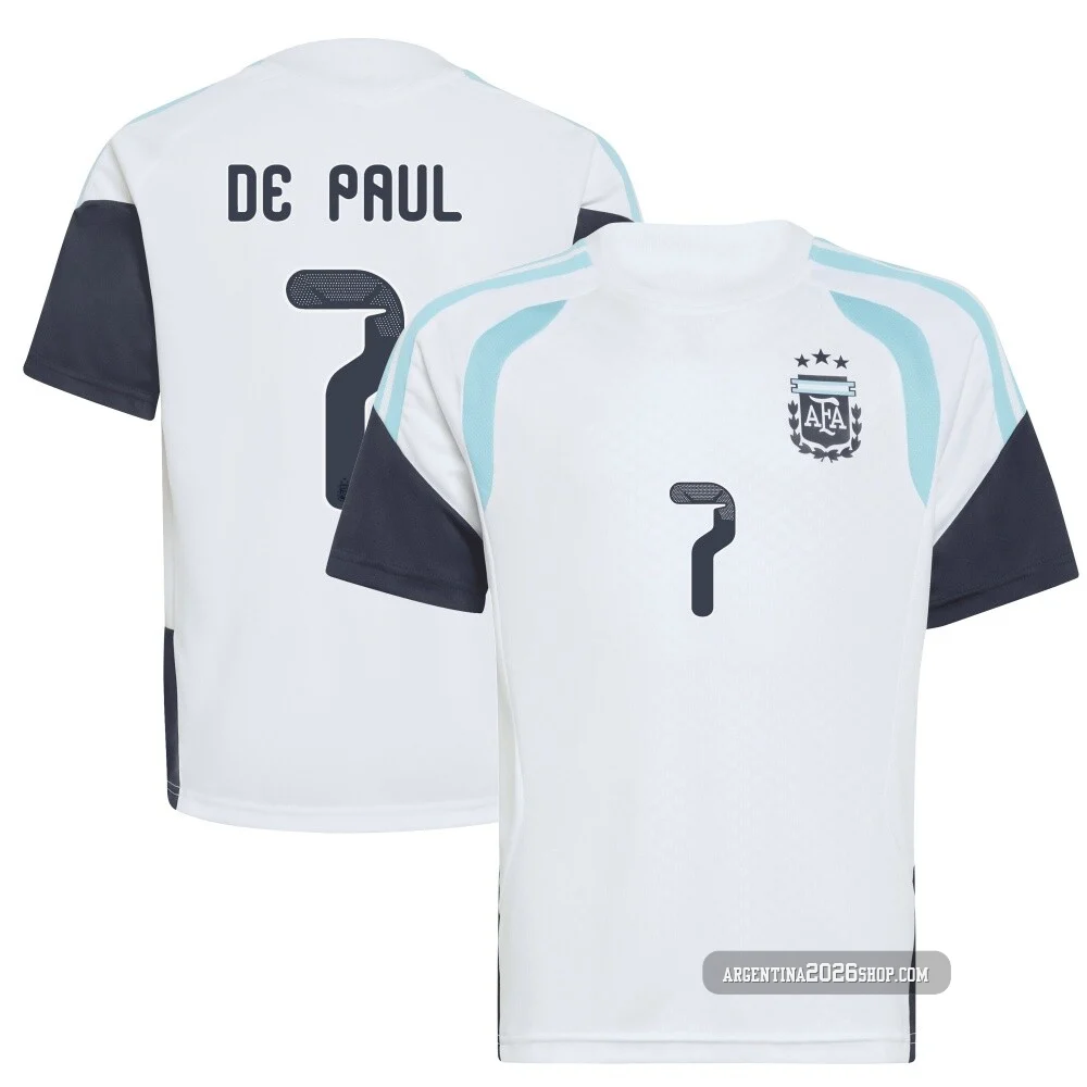 Men's Argentina National Team Rodrigo De Paul ＃7 White Replica FIFA X World Cup 2026 Tiro Away Training Soccer Jersey