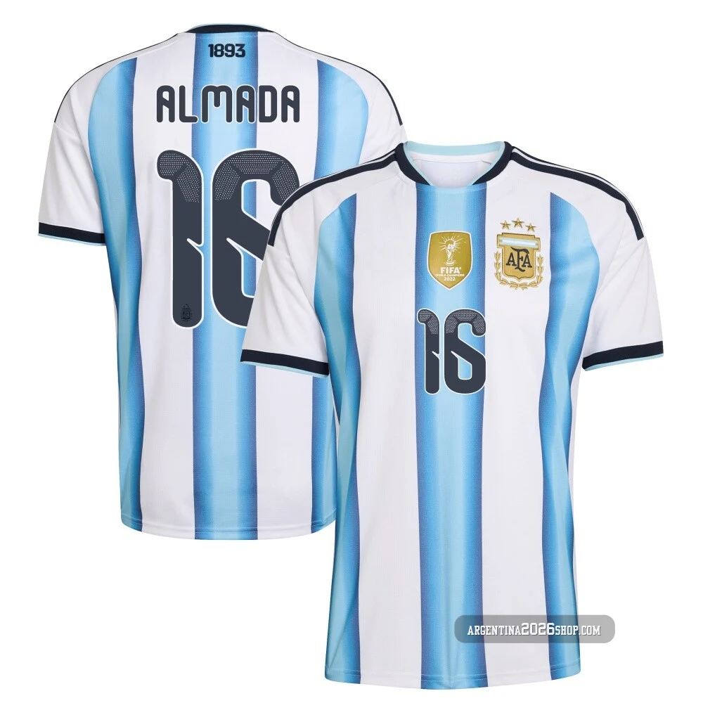Men's Argentina National Team Thiago Almada ＃16 White Replica FIFA X World Cup 2026 Home Soccer Jersey