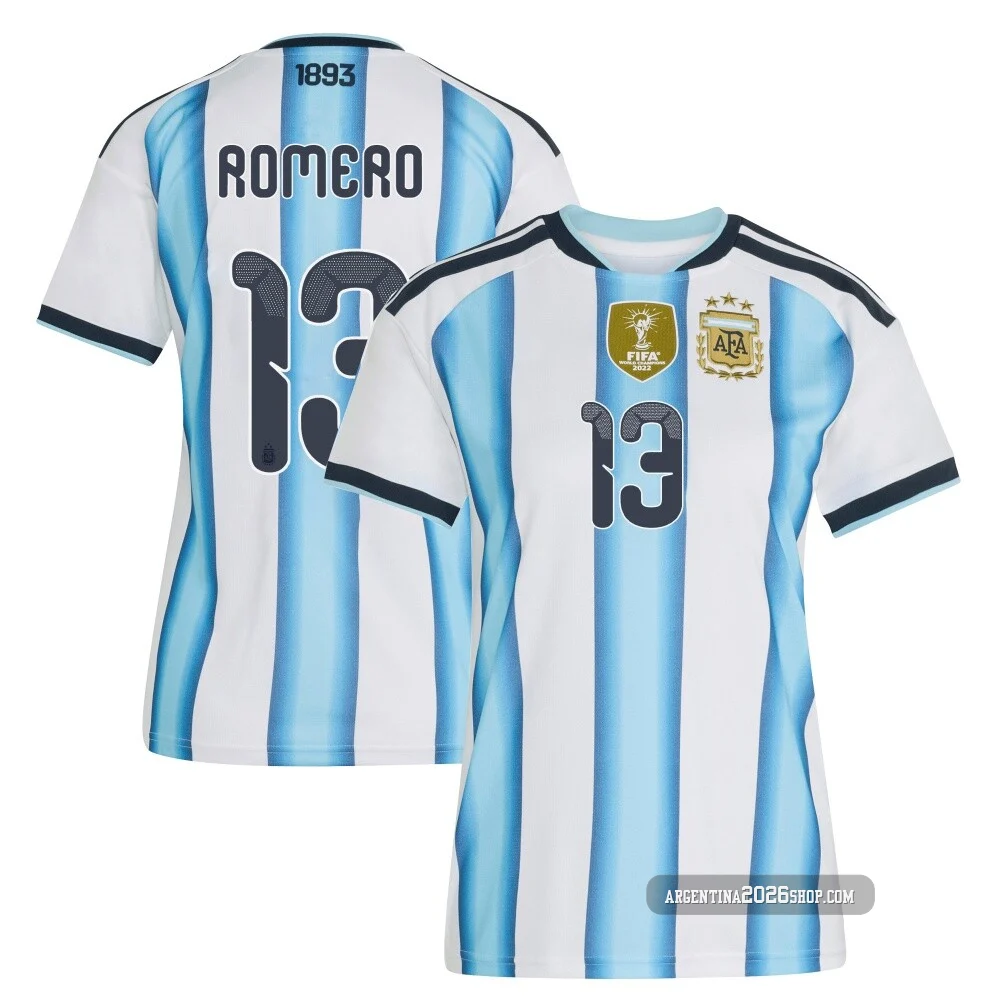 Women's Argentina National Team Cristian Romero ＃13 White Replica FIFA X World Cup 2026 Home Soccer Jersey