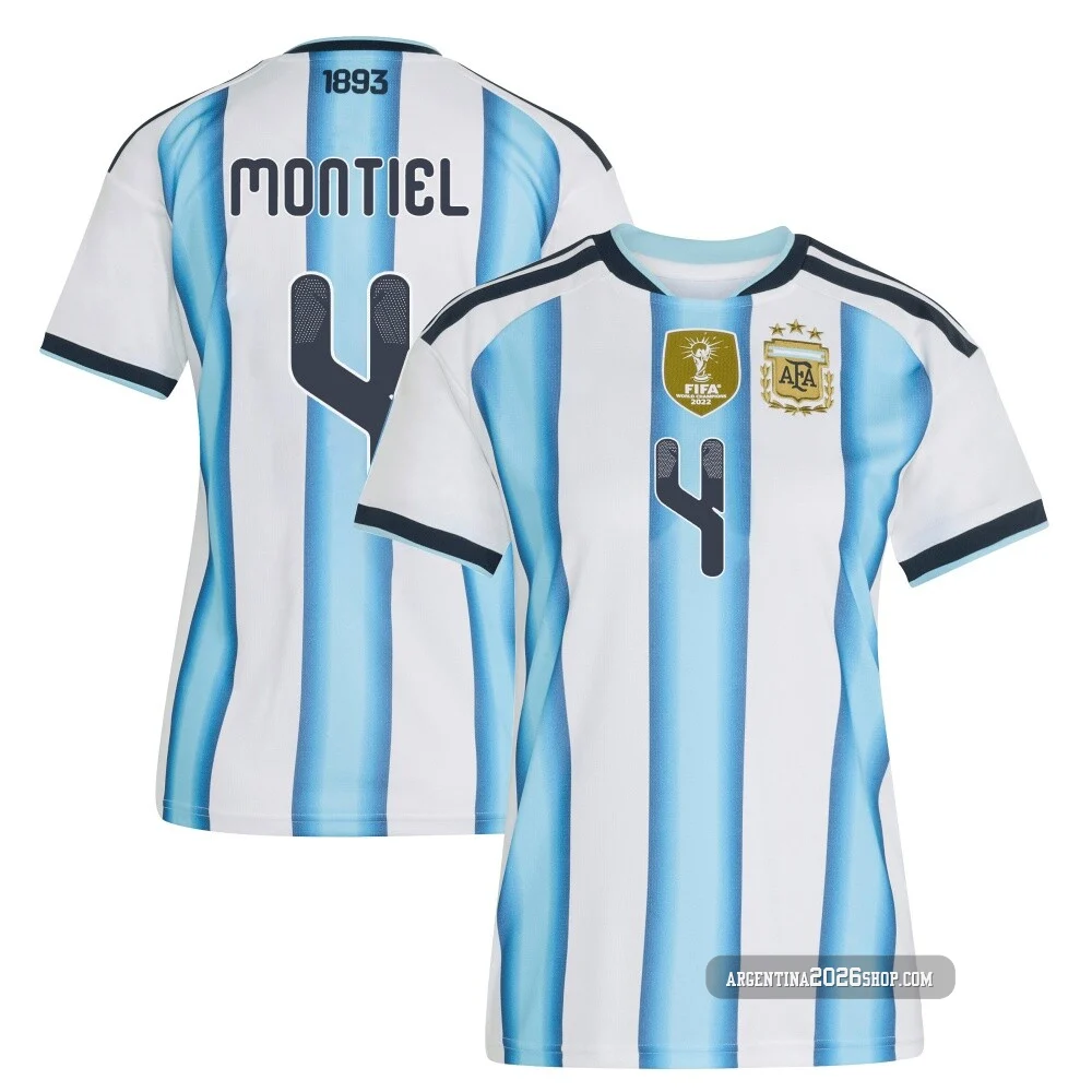 Women's Argentina National Team Gonzalo Montiel ＃4 White Replica FIFA X World Cup 2026 Home Soccer Jersey
