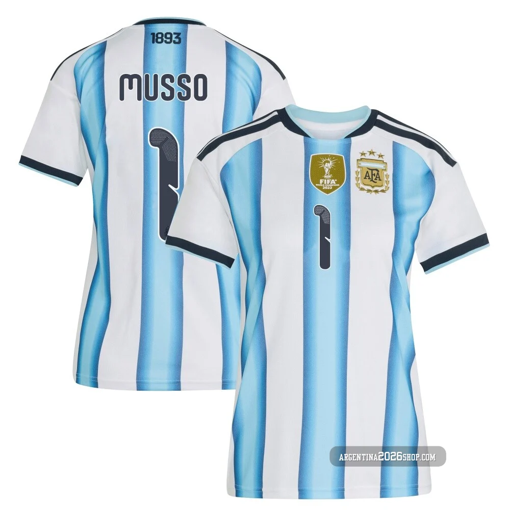 Women's Argentina National Team Juan Musso ＃1 White Replica FIFA X World Cup 2026 Home Soccer Jersey