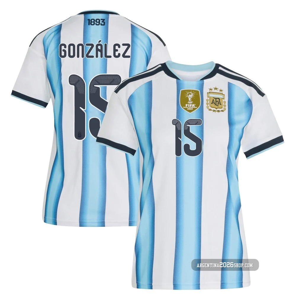 Women's Argentina National Team Nico González ＃15 White Replica FIFA X World Cup 2026 Home Soccer Jersey