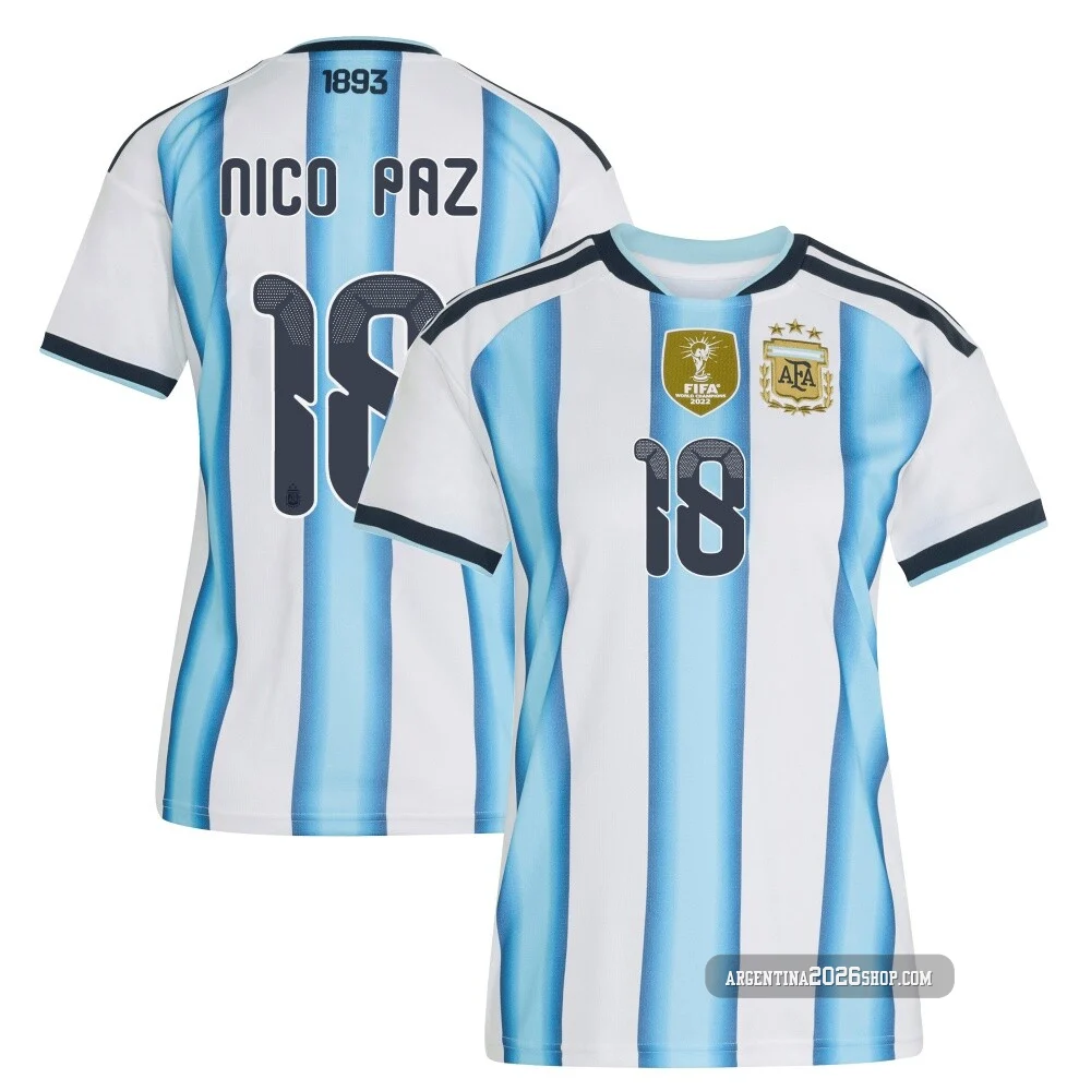 Women's Argentina National Team Nico Paz ＃18 White Replica FIFA X World Cup 2026 Home Soccer Jersey