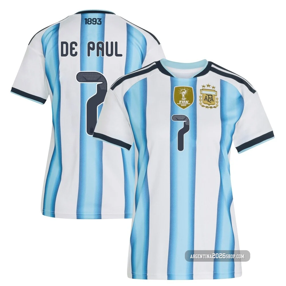 Women's Argentina National Team Rodrigo De Paul ＃7 White Replica FIFA X World Cup 2026 Home Soccer Jersey