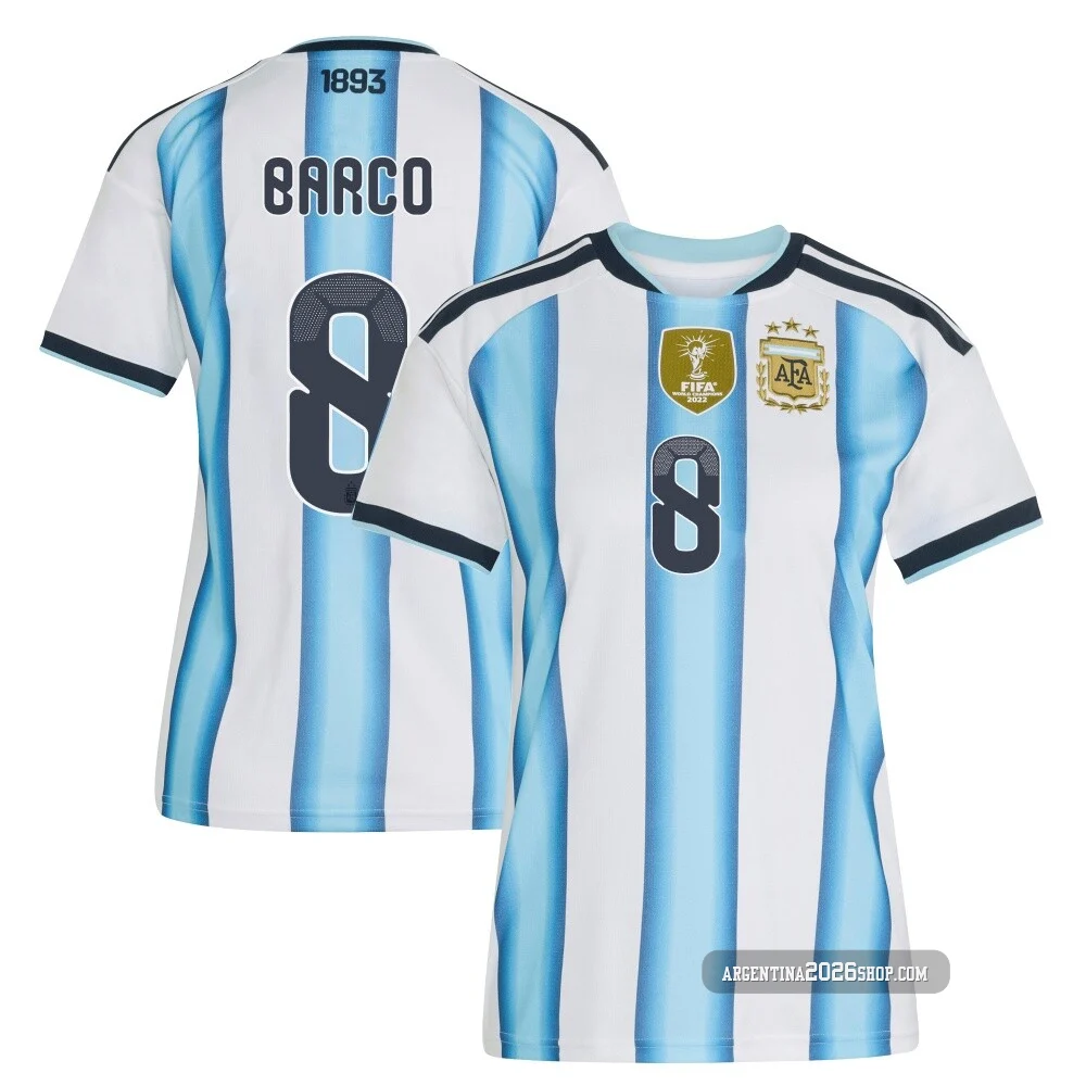 Women's Argentina National Team Valentín Barco ＃8 White Replica FIFA X World Cup 2026 Home Soccer Jersey