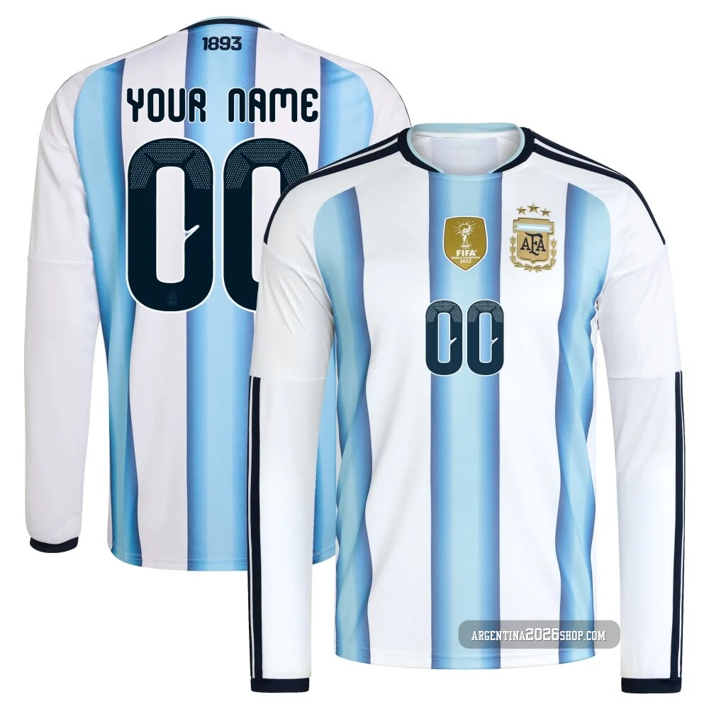 Youth Argentina National Team Custom ＃00 White Replica FIFA X World Cup 2026 Home Long Sleeve Soccer Jersey