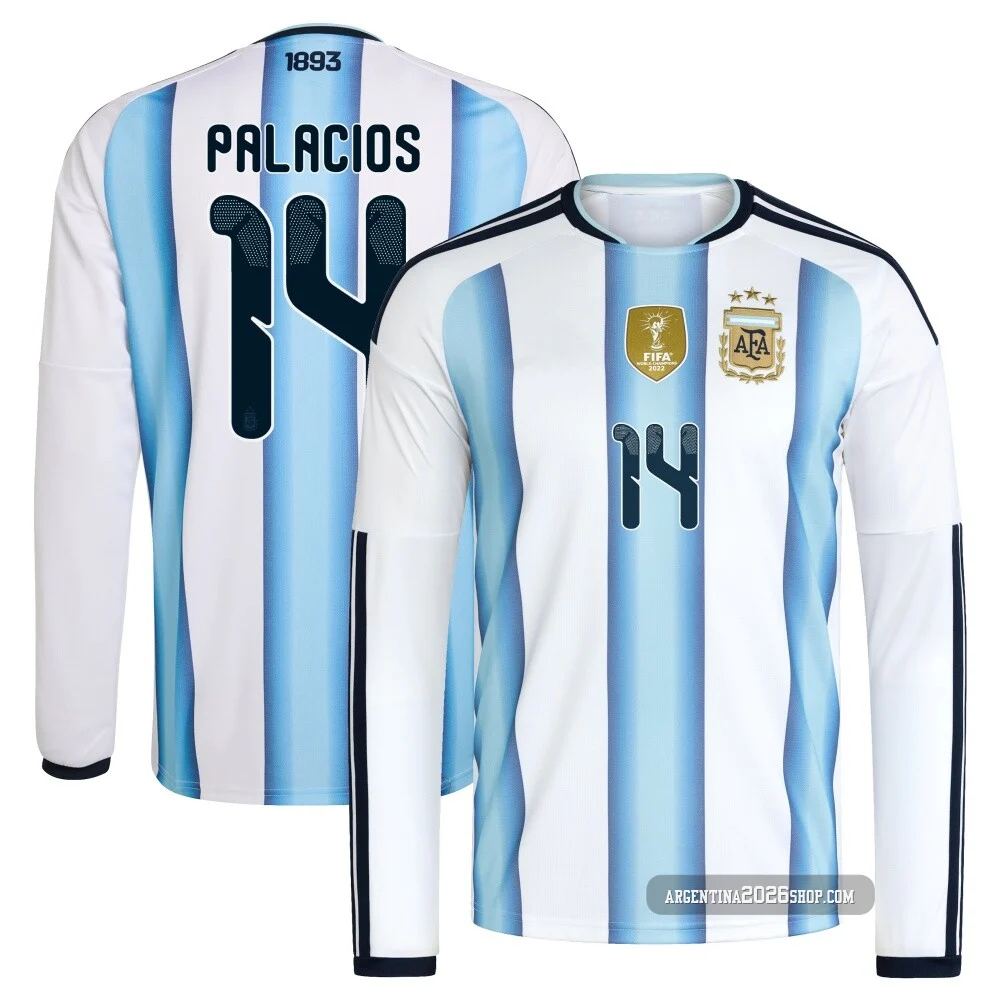 Youth Argentina National Team Exequiel Palacios ＃14 White Replica FIFA X World Cup 2026 Home Long Sleeve Soccer Jersey