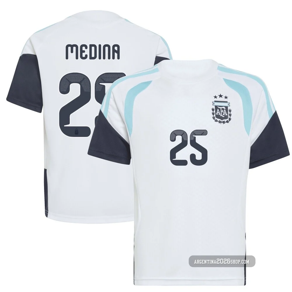 Youth Argentina National Team Facundo Medina ＃25 White Replica FIFA X World Cup 2026 Tiro Away Training Soccer Jersey