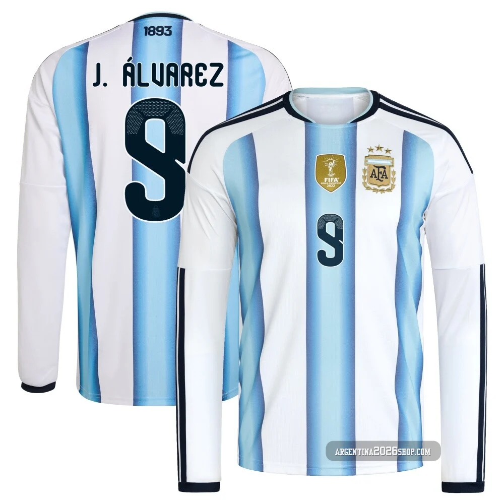 Youth Argentina National Team Julián Álvarez ＃9 White Replica FIFA X World Cup 2026 Home Long Sleeve Soccer Jersey
