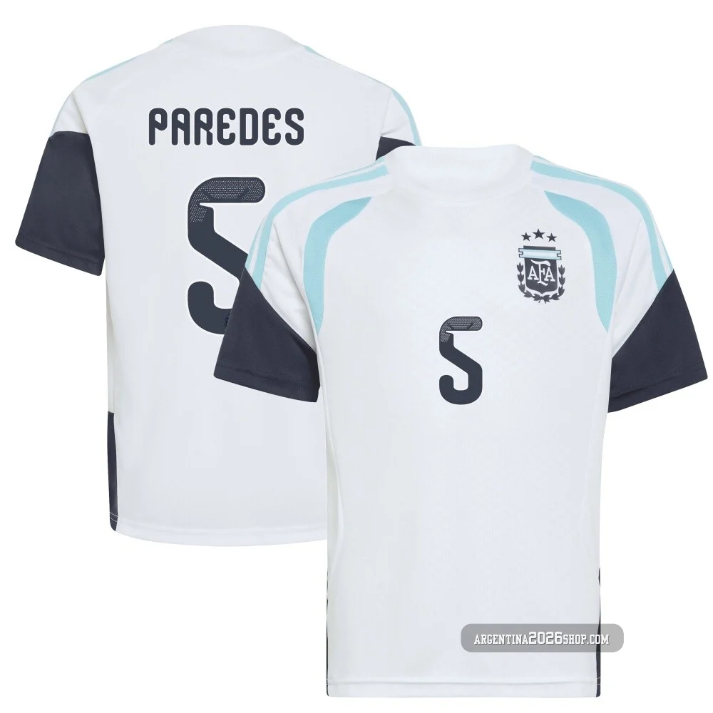 Youth Argentina National Team Leandro Paredes ＃5 White Replica FIFA X World Cup 2026 Tiro Away Training Soccer Jersey