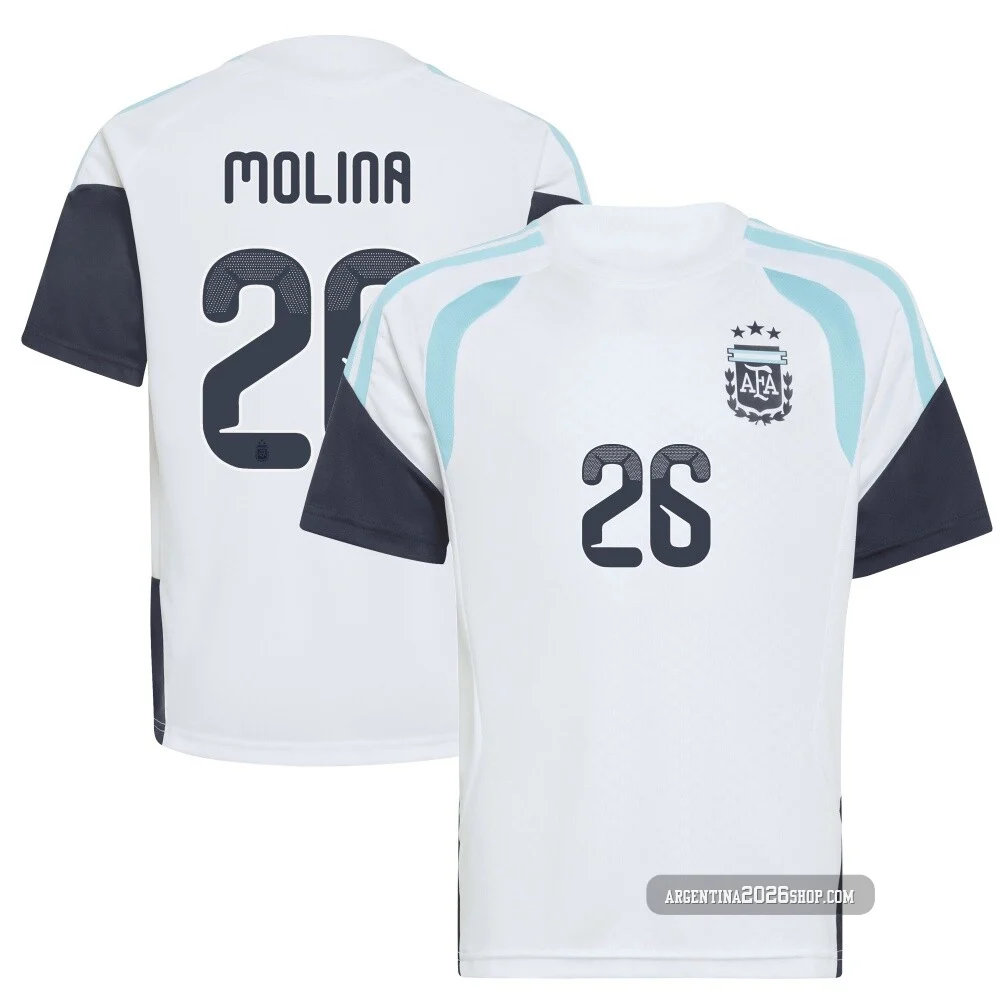 Youth Argentina National Team Nahuel Molina ＃26 White Replica FIFA X World Cup 2026 Tiro Away Training Soccer Jersey