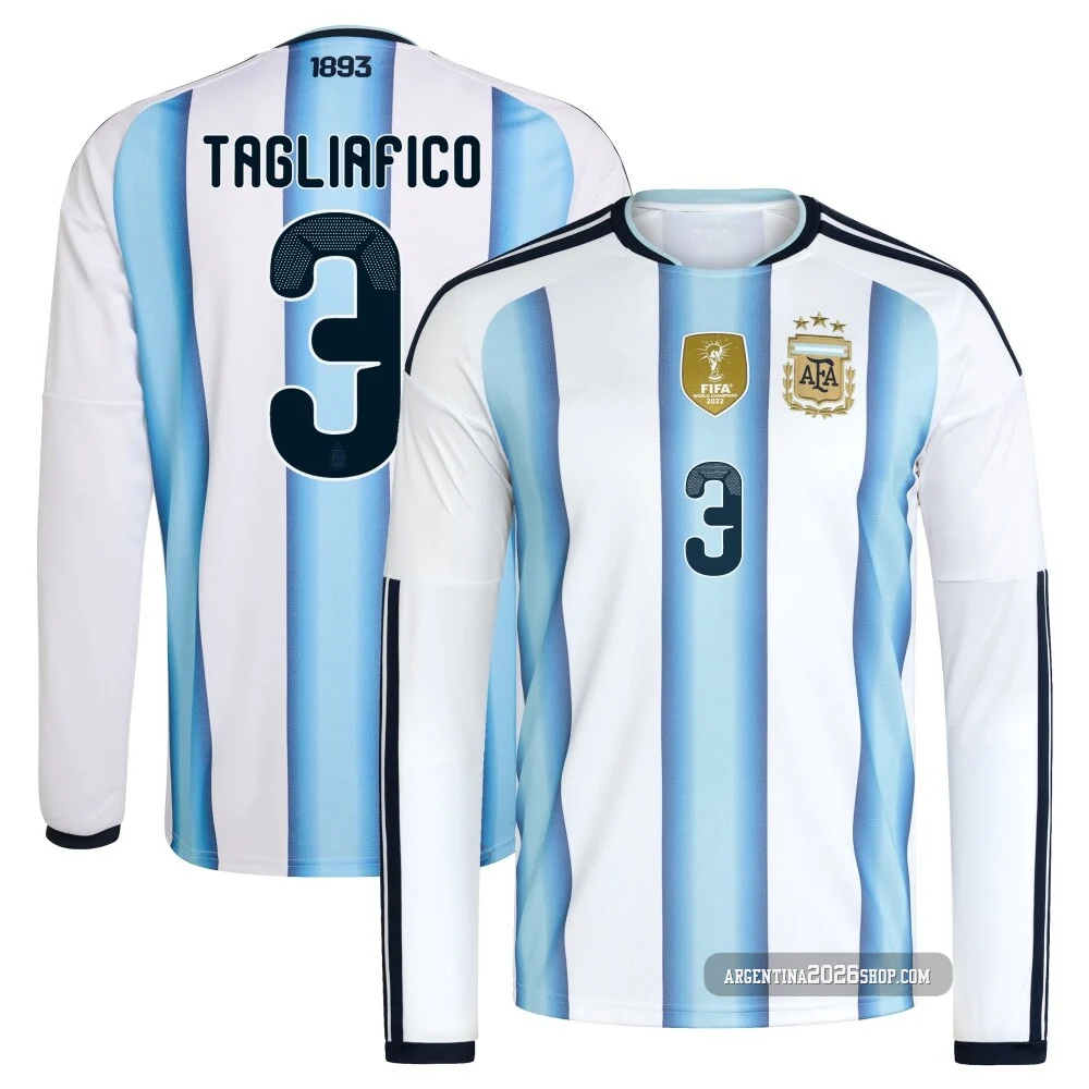 Youth Argentina National Team Nicolás Tagliafico ＃3 White Replica FIFA X World Cup 2026 Home Long Sleeve Soccer Jersey