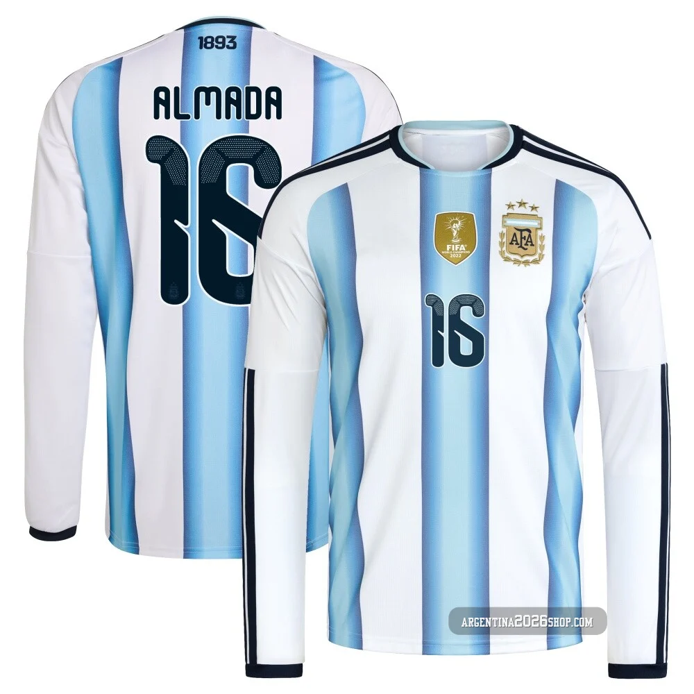 Youth Argentina National Team Thiago Almada ＃16 White Replica FIFA X World Cup 2026 Home Long Sleeve Soccer Jersey