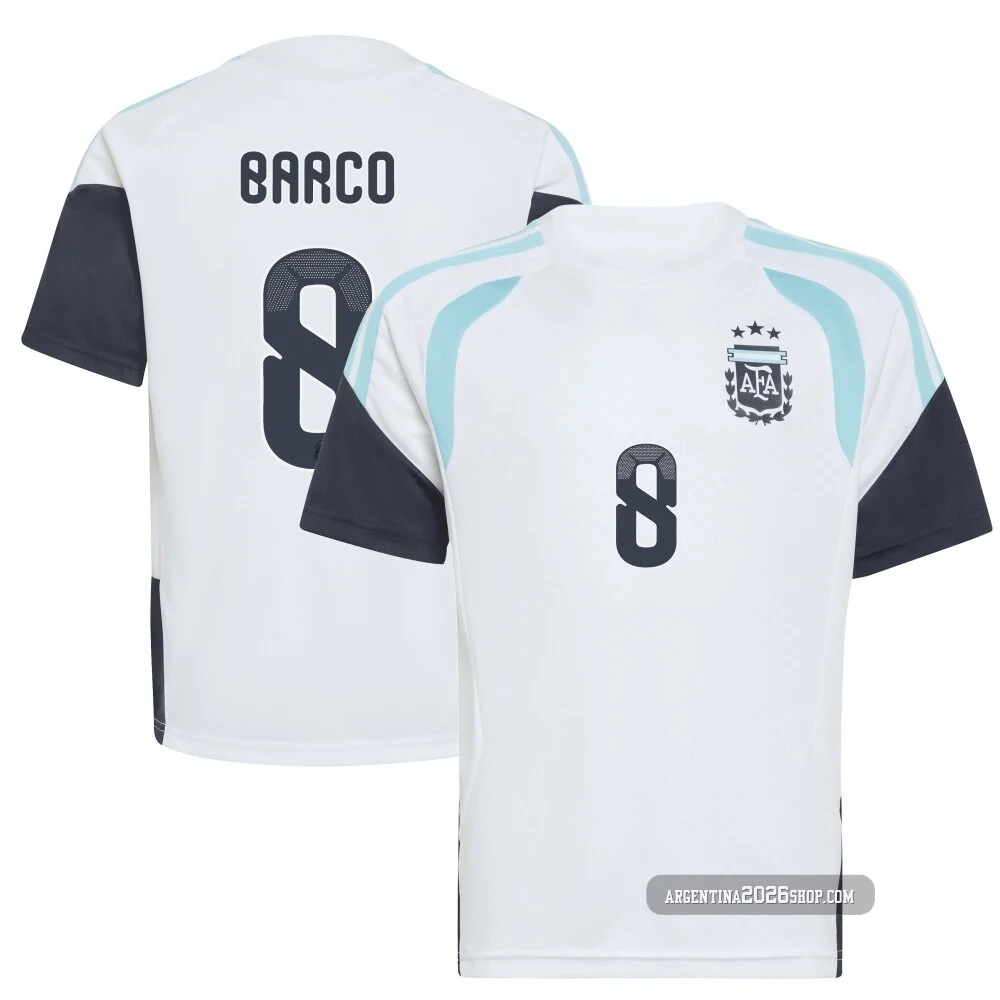 Youth Argentina National Team Valentín Barco ＃8 White Replica FIFA X World Cup 2026 Tiro Away Training Soccer Jersey